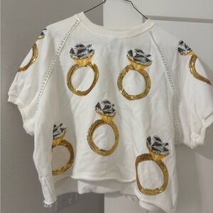 White Sweater with Gold engagement Ring Sequin and Pearl Design